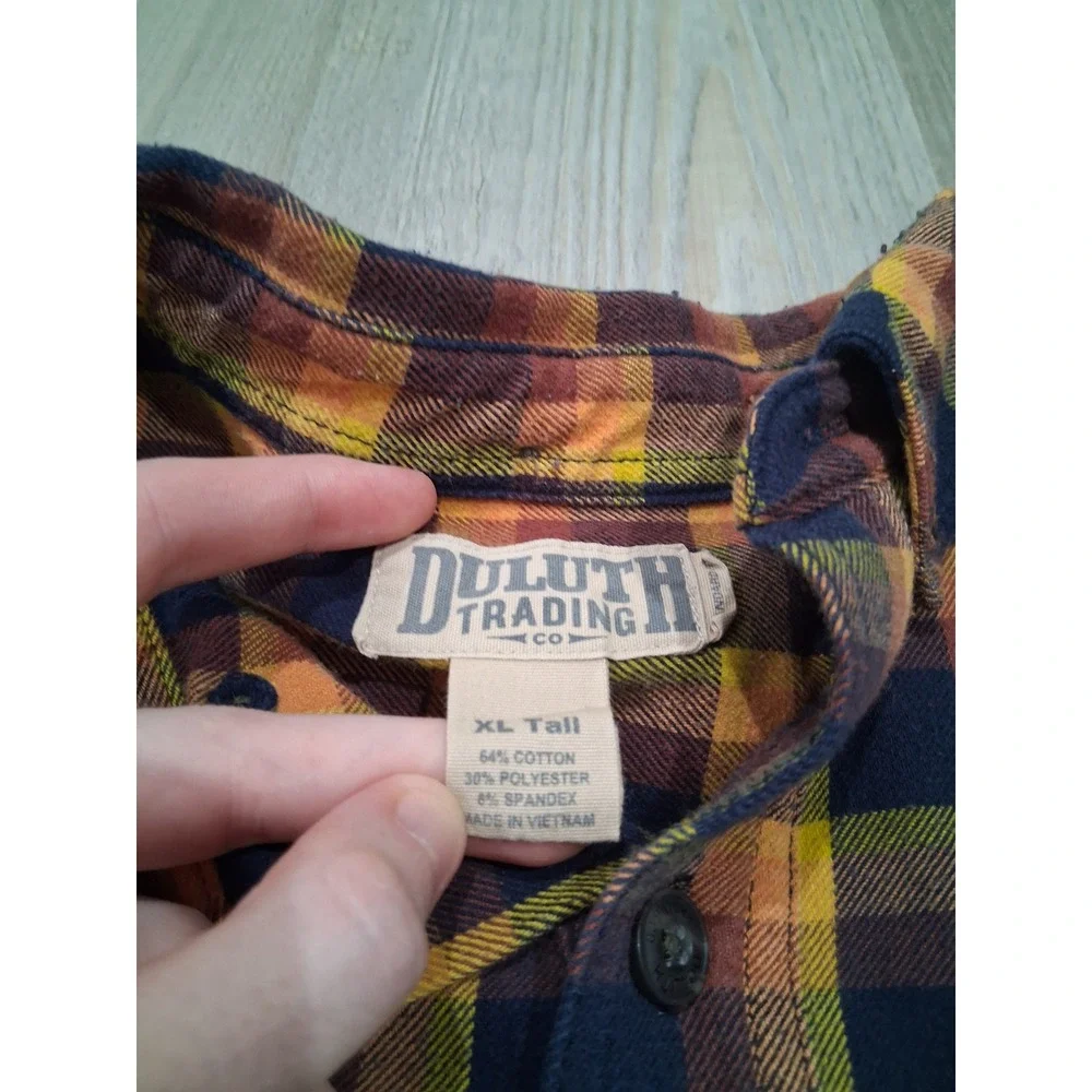 Duluth Trading Co Mens XL Tall Plaid Flannel‎ Shirt Orange Blue Button Down